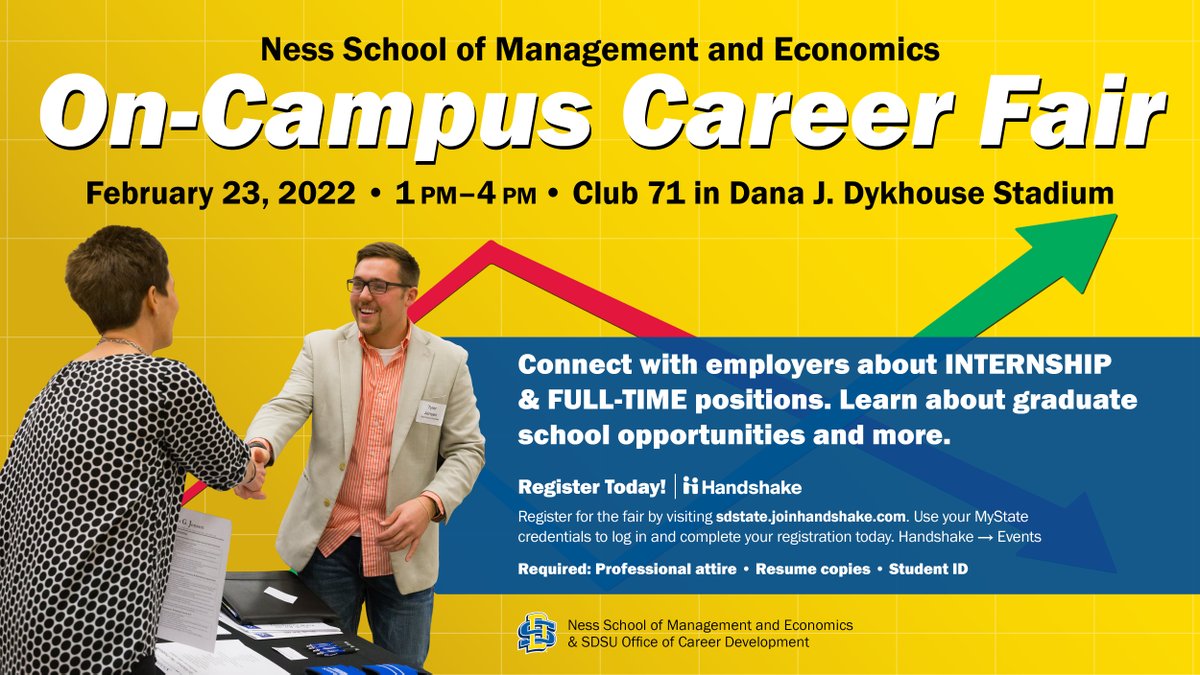 Jackrabbits, don't let the cold keep you away from today's Ness School of Management &amp; Economics Career Fair. We're offering rides to and from Club 71. Check your Jacks email for details. Recruiters from 50+ companies want to meet you! #hirejacks #sdstate #nessschool #Economics
