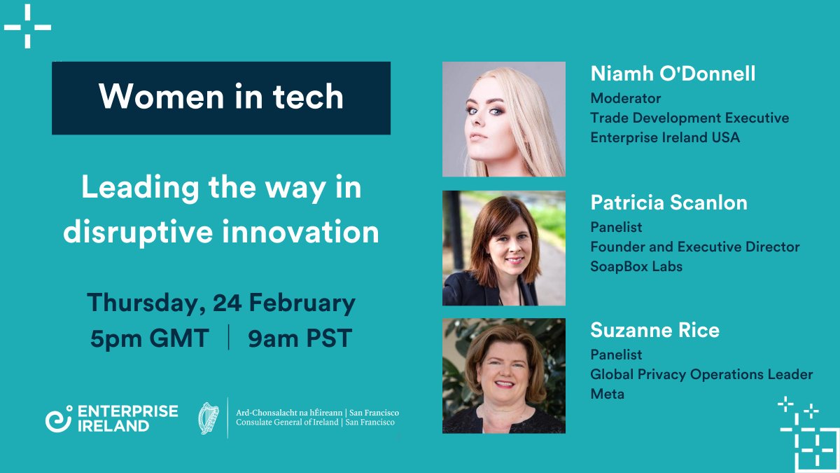 Don't forget to register for tomorrow's event celebrating Irish Women leading the way in #disruptiveinnovation with Enterprise Ireland in association with the Consulate General of Ireland, San Francisco. 

Register now👉rb.gy/1chrbe