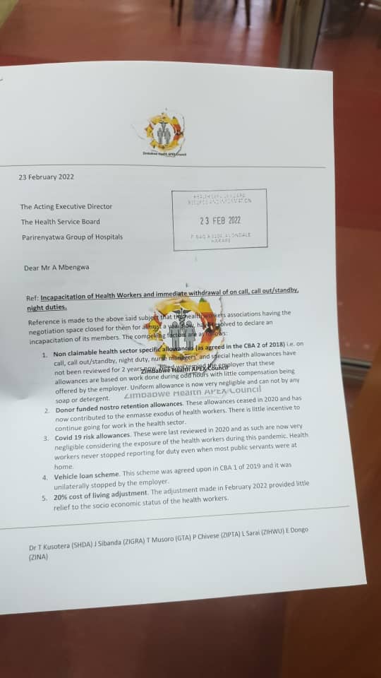 The Zimbabwe Health Apex Council which the Zimbabwe Nurses Council is a part of has declared incapacitation of Health Workers and has declared withdrawal of On Call,Call Out/Standby and Night Duties. @dongo_enock https://t.co/QqKGVX4UMB