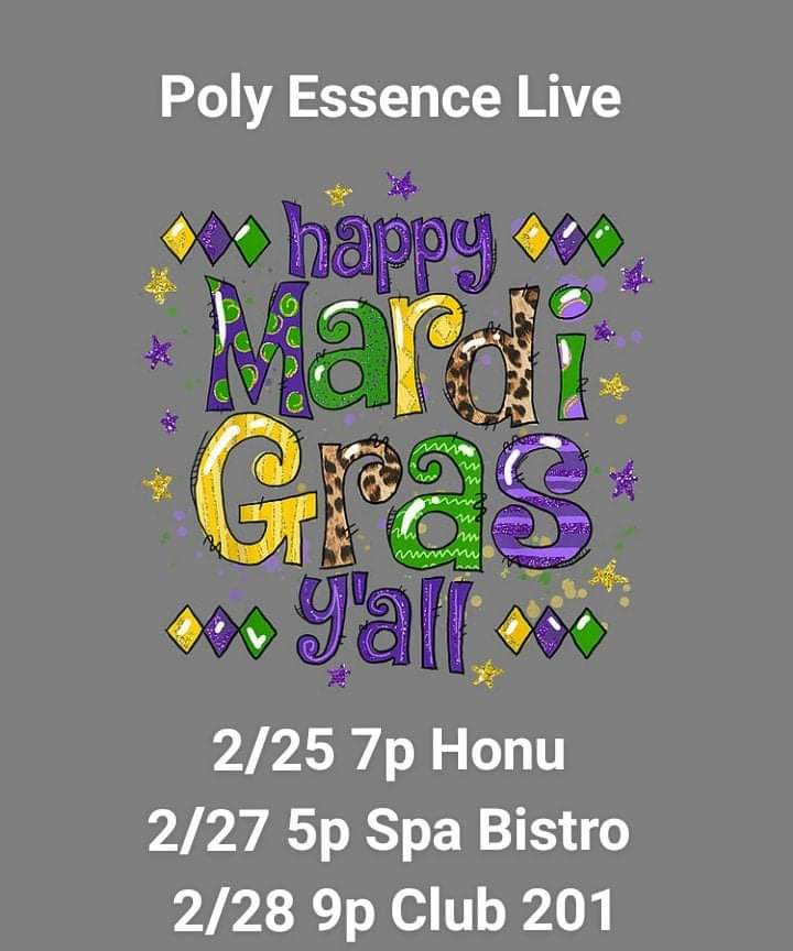 kevinlpurcell's tweet photo. Poly Essence Upcoming Live Shows
2/25 Fri 7p The Honu Dunedin
2/27 Sun 5p Spa Beach Bistro St Pete Pier
2/28 Mon 9p Club 201 St Pete
Happy Mardi Gras Weekend
#PolyEssence #feelgoodmusic #islandjams #februaryrocks #mardigrasparty https://t.co/ZfVNSN19iU