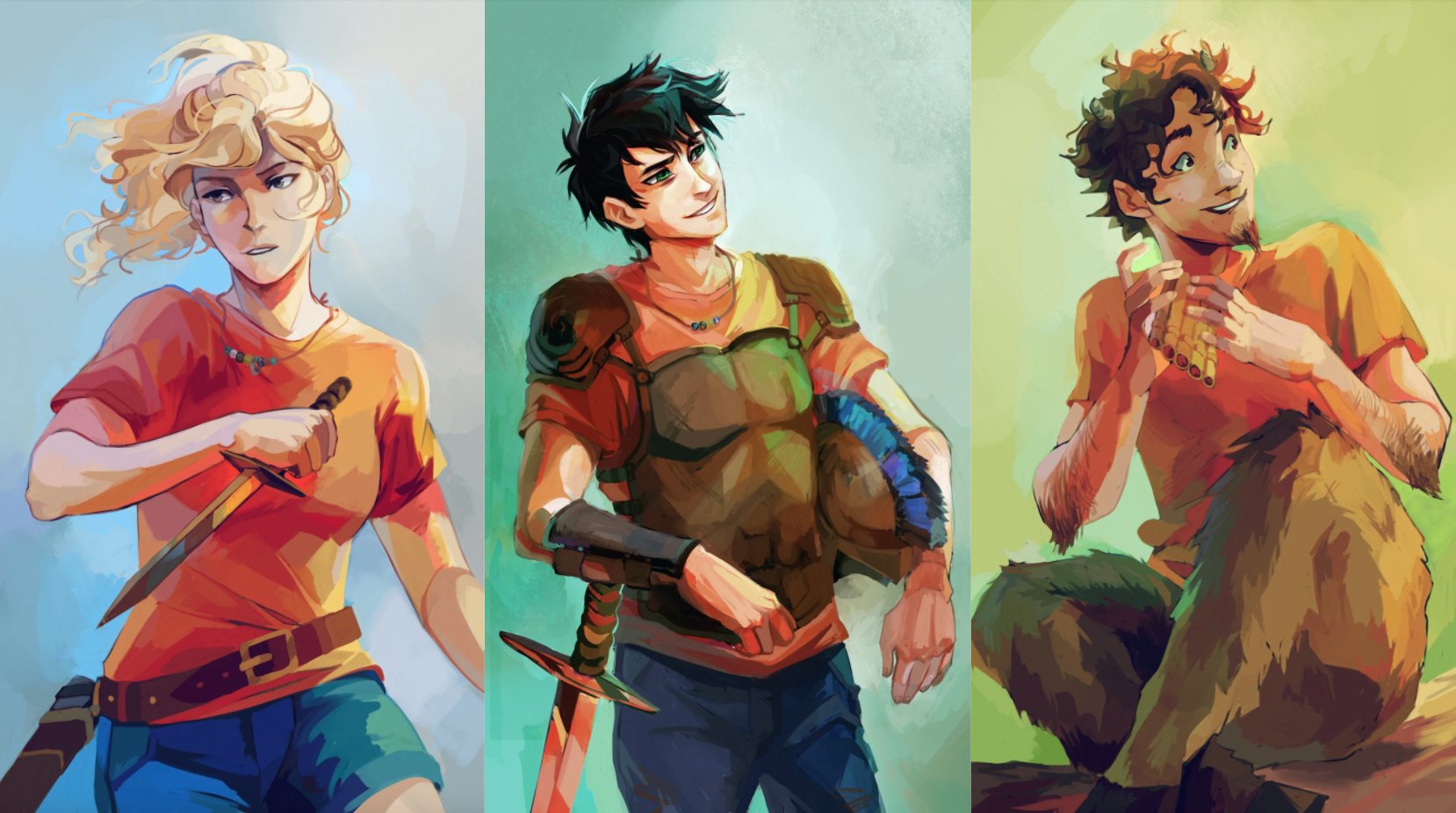 An image of Annabeth Chase, Percy Jackson, and Grover Underwood from the book series Percy Jackson.