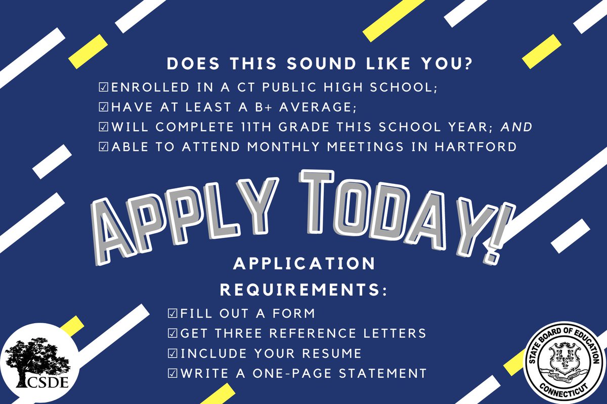 EducateCT's tweet photo. Calling CT 11th Graders‼️
Our Student Board Members bring their critical voices to our State Board of Education, and we're looking for next year's members! 
Applications due March 23, 2022! 📝
Learn more about the SBE and apply today! https://t.co/LteCPeuGD9 https://t.co/xHVvQshJJT