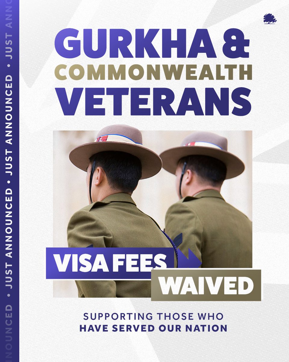 Conservatives's tweet photo. 👉 We will help those who have served our nation for six years, by waiving visa fees when they wish to settle in the UK 🇬🇧 https://t.co/GlvHwqKEMn