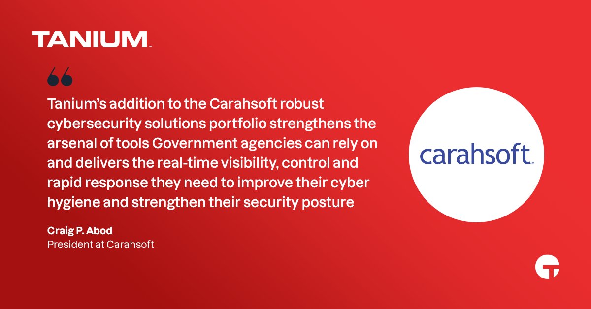 Tanium's tweet image. We are excited to announce our partnership with @Carahsoft to provide public sector agencies with the mission-critical endpoint management solutions needed to successfully secure and protect their networks. #govcon bit.ly/36tNt3H