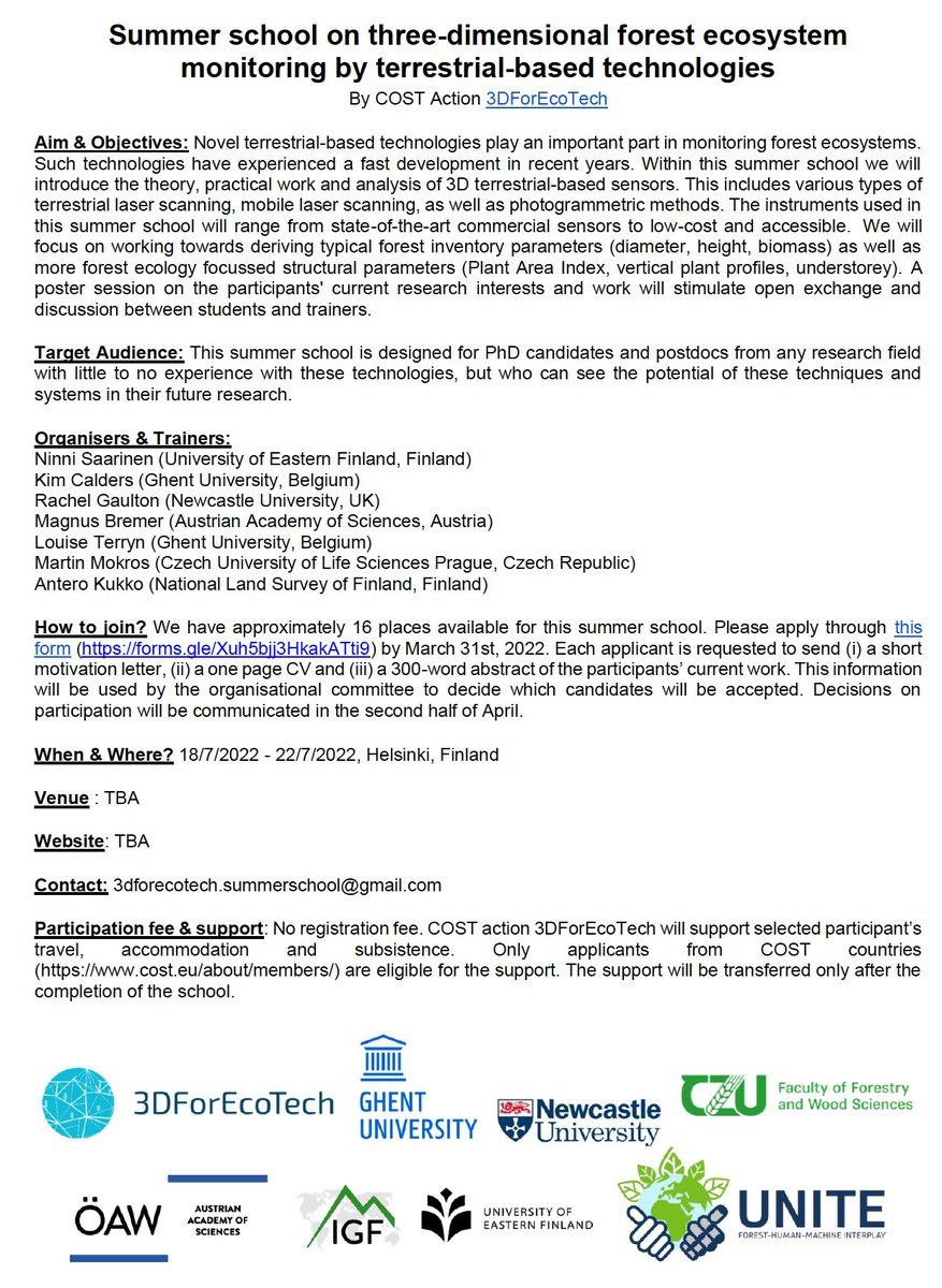 kimcalders's tweet photo. Join us in Finland for the @COSTprogramme @3DForEcoTech summer school on three-dimensional forest ecosystem monitoring by terrestrial-based technologies!
More info below👇 - Apply through https://t.co/dM1Opsuery - website will be launched soon. https://t.co/BIbcTyVwPO