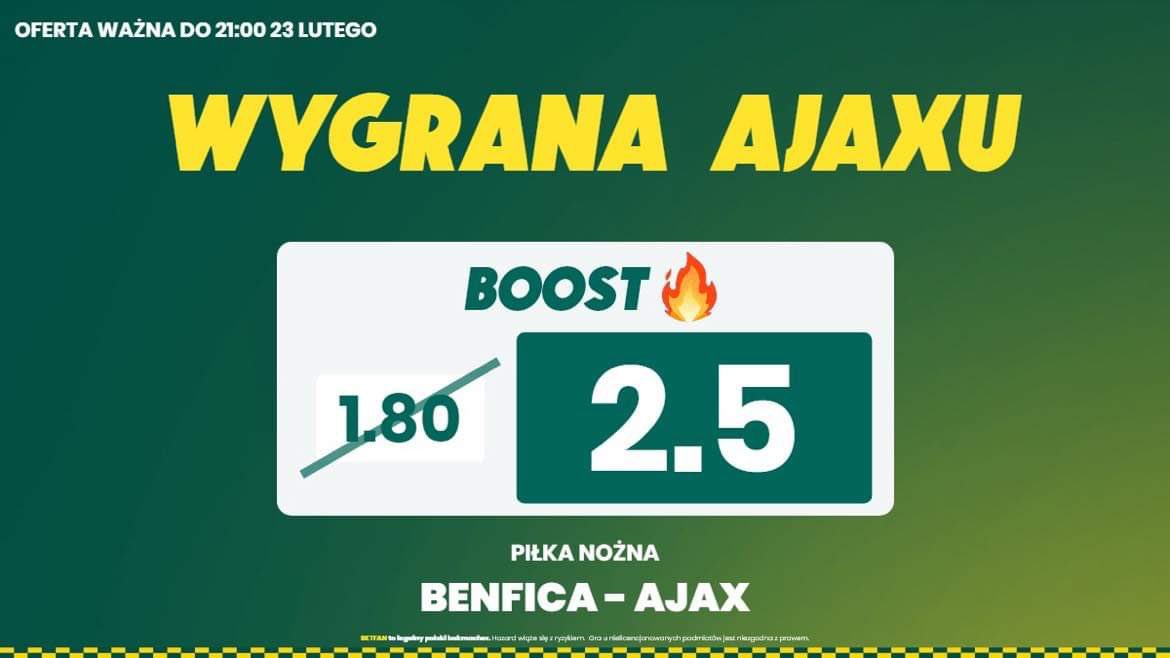 BETFANPL's tweet photo. Benfica 🆚 Ajax
Ajax wygra❓ Podwyższamy kurs w naszym #MatchdayBOOST 🚀! #SLBAJA
👉🏻 https://t.co/EpG7SfItw6 https://t.co/aDqTRZANlA