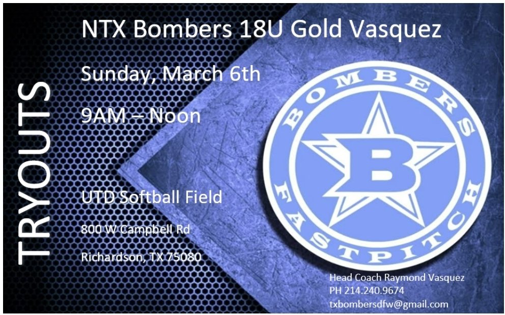 📣All Positions Are Welcome
 
Fall Season Highlights 
*Undefeated Texas Gold Cup Champions 
*Undefeated NTX Bombers Fall Invitational CHAMPIONS 
*Undefeated DFW College Classic Champions 

Non-Parent Coaches
Proven Track Record
D1 Commits
Strong Recruiting Process