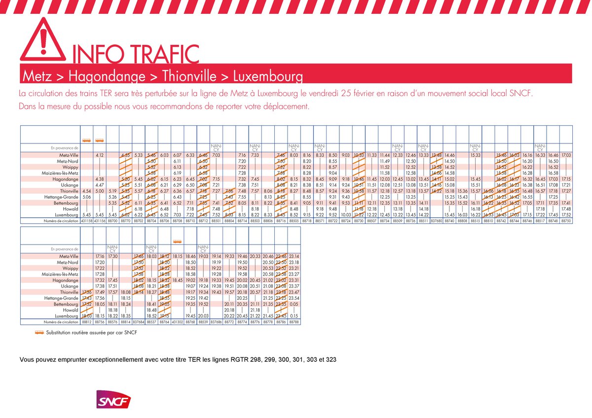 TER_Metz_Lux's tweet image. ⚠️Mouvement social du vendredi 25 février 2022.

Circulation perturbée prévue sur notre ligne.