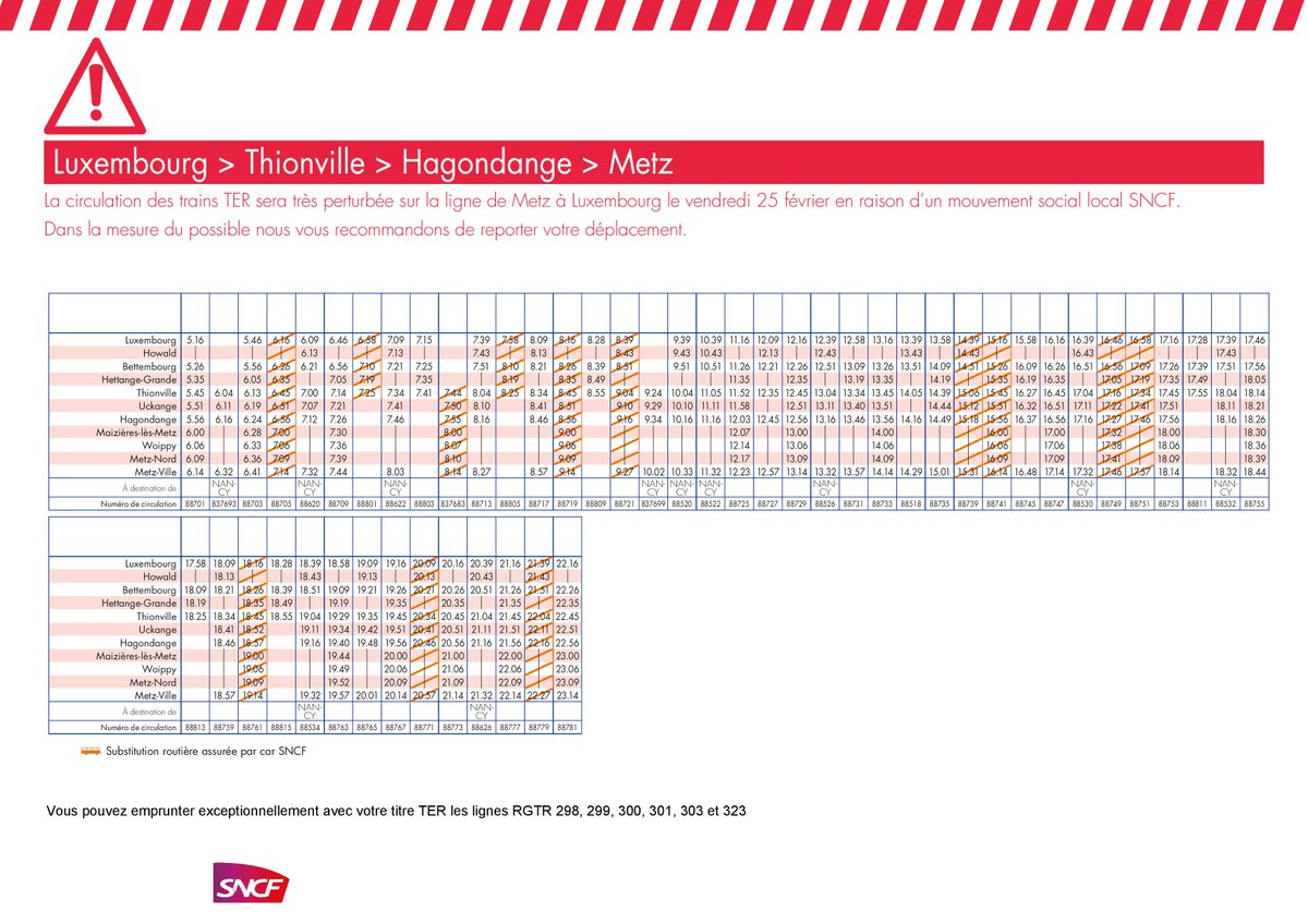 TER_Metz_Lux's tweet image. ⚠️Mouvement social du vendredi 25 février 2022.

Circulation perturbée prévue sur notre ligne.
