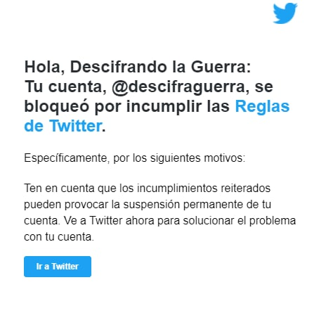 ⚠️IMPORTANTE ⚠️

Hemos conseguido restablecer la cuenta de <a href="/descifraguerra/">Descifrando la Guerra</a> tras varias horas. Muchísimas gracias a todos los que nos habéis apoyado dando difusión. 

En las últimas horas han caído numerosas cuentas que informaban del conflicto. No descartamos que vuelva a ocurrir
