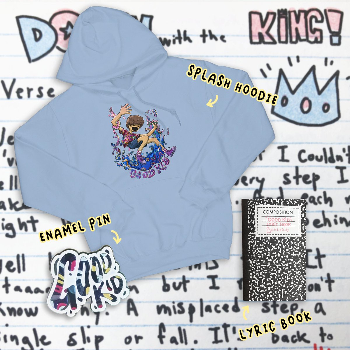 goodkidband's tweet photo. ✨MERCH DROP✨ New hoodie and a sweet GK enamel pin, designed by Gabriel Altrows! 🥳
&amp; the original long lost lyric book uncovered in an excavation of David’s basement. Good Kid historians debate its dubious origins, but David says it’s 100% legit 📚🧐 https://t.co/2HnhHpAXYM https://t.co/67uRr2KBsM