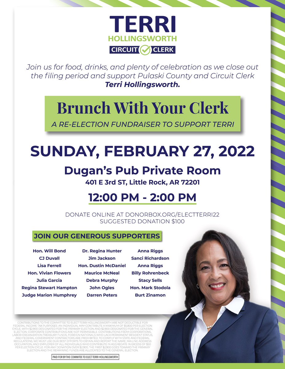 Since I’m officially on the ballot, please join me for brunch this Sunday at Dugan’s in Downtown Little Rock as we share food and drinks and celebrate my candidacy. 

You can donate here: donorbox.org/electterri22