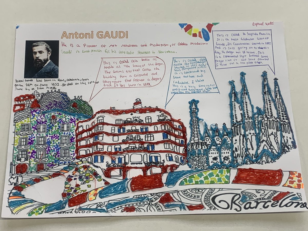 FHSchool_Art's tweet photo. Some excellent YR7 homework’s to start off this half term from Miss Tang-Campbell’s class! #homeworks #gaudi #artistpages #fhsandproud https://t.co/0FTzTJyqkk
