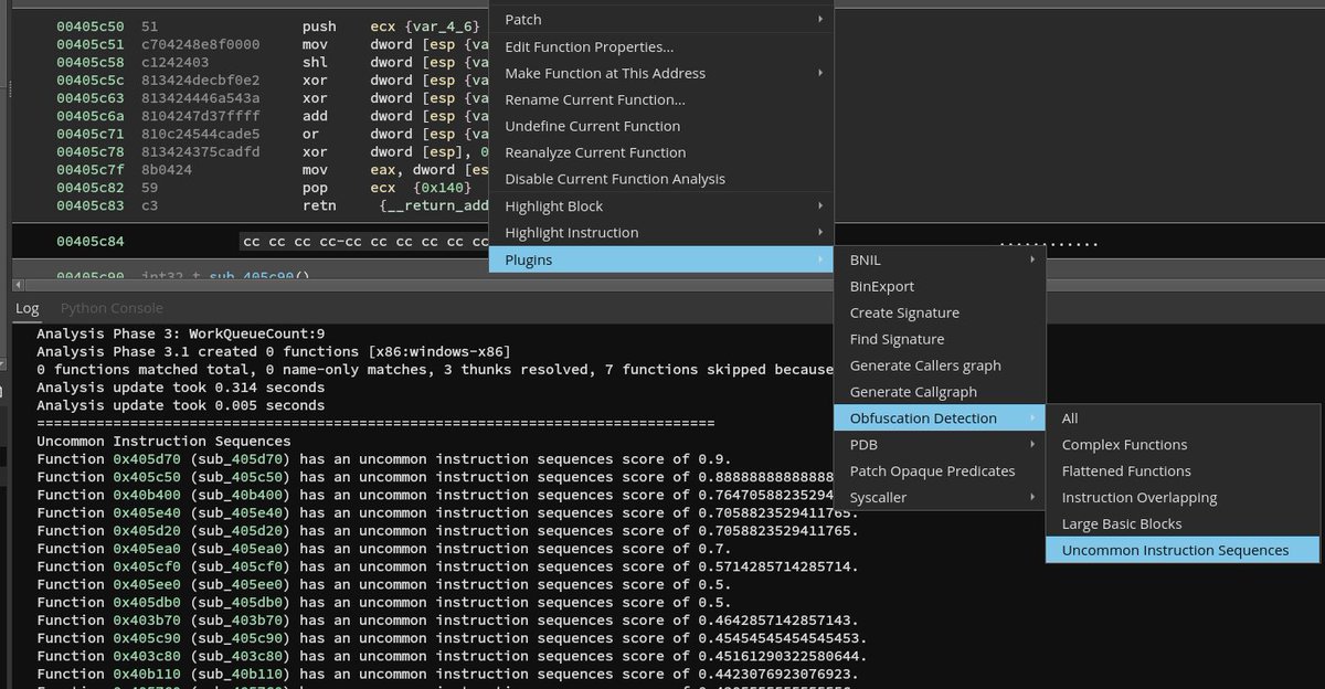mr_phrazer's tweet image. My #BinaryNinja plugin obfuscation_detection can now identify uncommon instruction sequences (such as MBAs or weird calculations) based on stochastic n-gram analysis. Right now the feature works for x86-64; an architecture-agnostic version follows soon.
github.com/mrphrazer/obfu…
