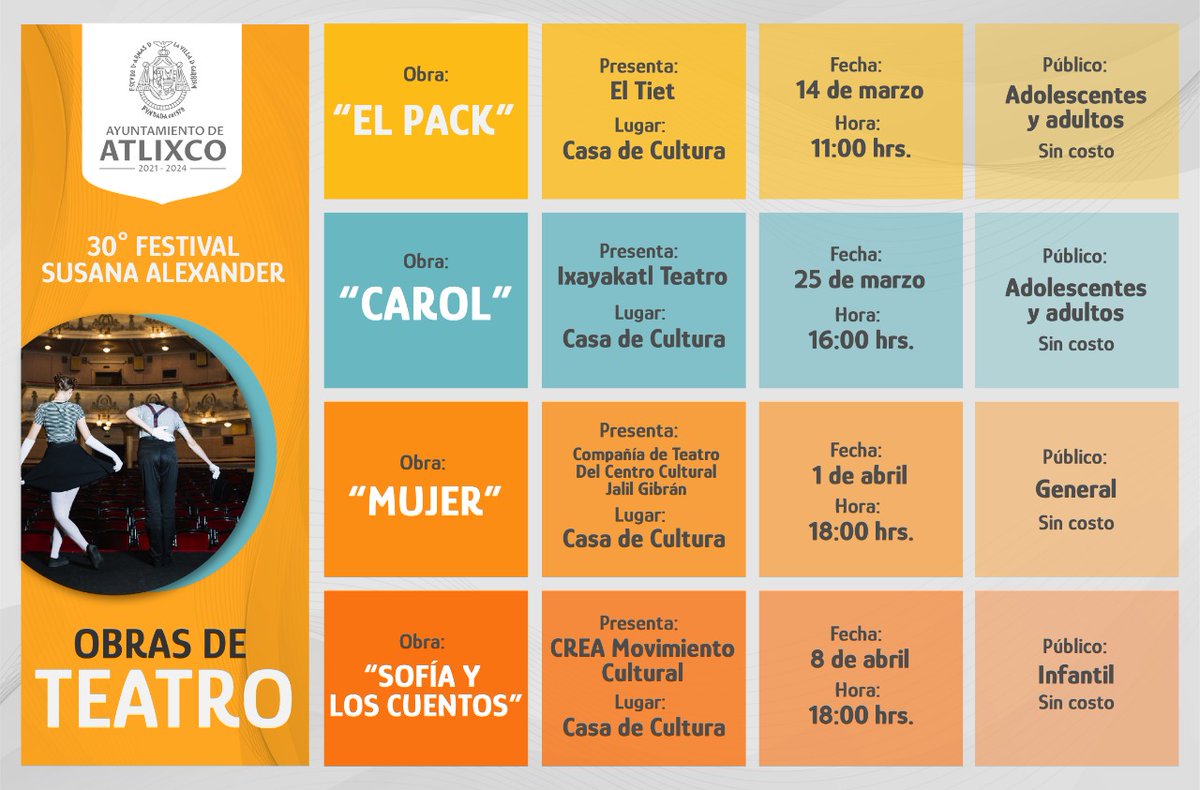 Magistral_Mx's tweet photo. 🎭 Festival Internacional de Teatro #SusanaAlexander en #Atlixco.
Del 25 de febrero al 8 de abril, los atlixquenses podrán disfrutar de manera gratuita del #FITSA, el cual llega a su edición número 30.
Consulta la #Cartelera
👉https://t.co/rwgQu6F3TN👈
@TurismoGobPue #Puebla https://t.co/Y9Uk6ciaE8