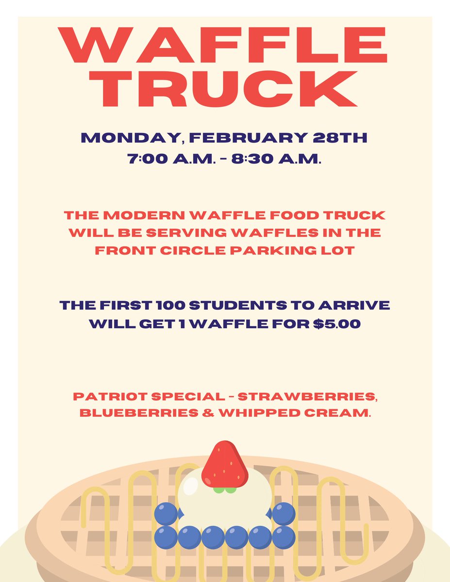 Patriots! Join us for a Monday pick-me-up on the 28th from 7:00-8:30. The first 100 get a waffle for $5! 🧇<a href="/MSHSactivities/">Millard South Activities</a>