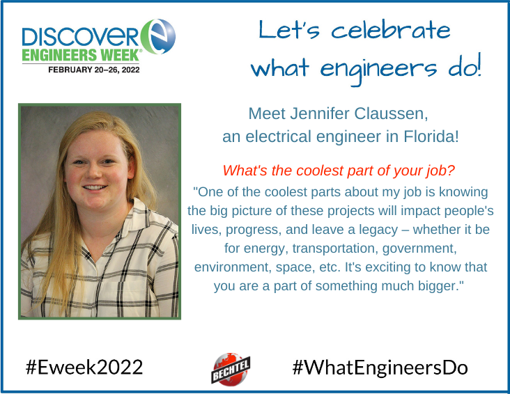 Bechtel's tweet photo. Our latest #eweek blog features Jennifer, a @PurdueEngineers alum and electrical #engineer at Bechtel. Read about her career path and how she sees engineering evolving in the future: https://t.co/iVIJcrM51s #EWeek2022 #WhatEngineersDo https://t.co/uP9PClcQ5O