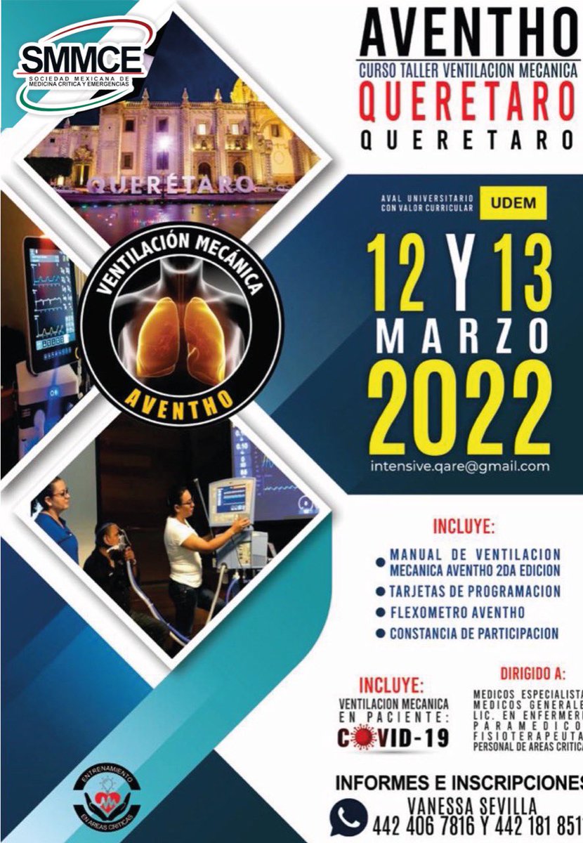 Curso-Taller de Ventilación Mecánica #AVENTHO 🫁 en Querétaro, Qro 

11 de Marzo: Pediátrico 👦 
12-13 de Marzo: Adulto 👨 

Acá nos vemos!

Inscríbete al📱4424067816 !