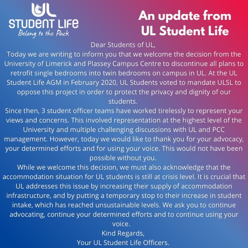 Sean_O_M99's tweet photo. A big day for the Students of UL and for three generations of student officers who have worked hard to achieve this. Turning single rooms into twins was not the solution to the housing crisis and it’s good to see UL agree! #update #ulstudentlife https://t.co/cY9D9fMroU