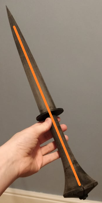 BeesOnTheBrain's tweet photo. @JustJobiwan I've been working on a replica of Ciri's dagger from Witcher 3 and have a steel rod running through the whole thing to support it, see the orange line. Had a master sword I worked months on years ago fall apart because the joints just couldn't handle it without extra support. https://t.co/a4fDdW7i77