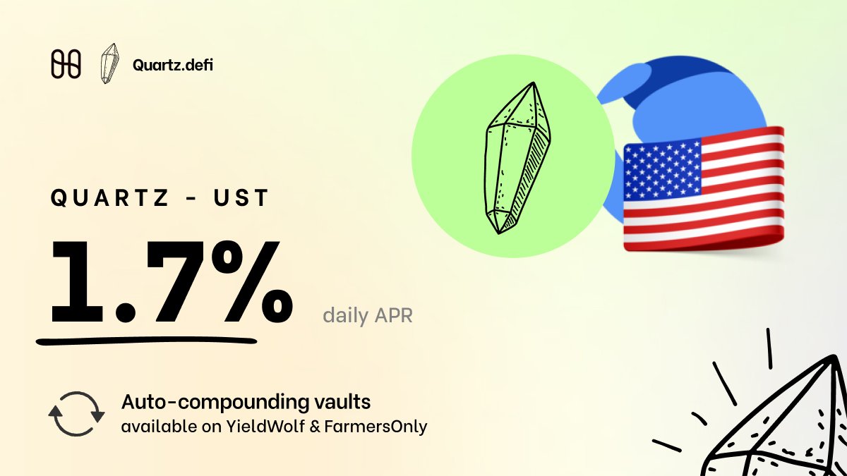 APR on $QUARTZ $UST is up!📈Great daily APR and virtually no IL 💎 Vaults available through <a href="/YieldWolf/">YieldWolf</a> &amp; @FarmersOnlyFi 

The expansion to #bsc brought some spotlight to @quartz_defi 💎💙 We stay committed to our #HarmonyONE mission. 

#DeFi #LUNA #UST #terraluna