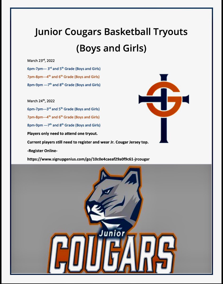 The current season is winding down, but we are already excitingly looking forward to next season. Please plan to attend tryouts <a href="/grosscatholic/">Gross Catholic High School</a> and sign up with the link below.
m.signupgenius.com/#!/showSignUp/…