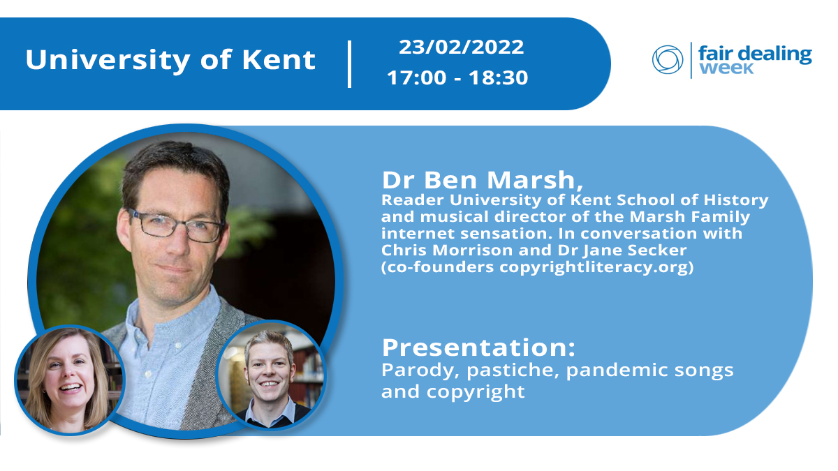 ALTCoOLSIG's tweet photo. Dr Ben March, Chris Morrison and Dr Jane Secker, are now discussing Ben's journey of using parody, pastiche when creating parody songs during the pandemic. #UKFairDealingWeek, #FairUseWeek https://t.co/5yowBD8y9n