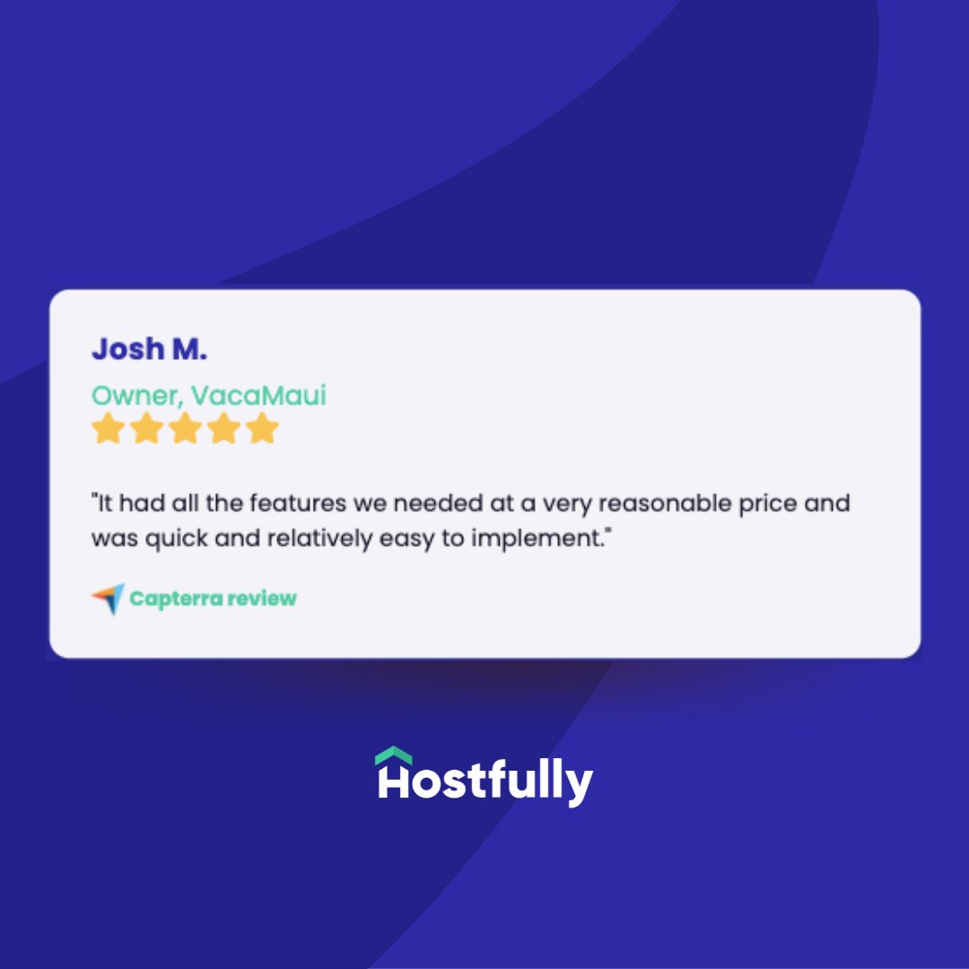 Short and on point 🤩  ! Thank you Josh for the perfect review. 
-------
#Hostfully #vacationrentals #hospitalitymanagement #holidayrental #propertymanager #propertyinvestor #shorttermrental #vacationrentalmanager #hospitality #propertymanagementsoftware #vacationrentalsoftware