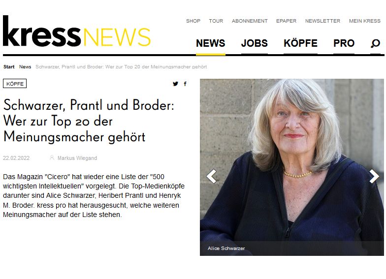 EMMA_Magazin's tweet photo. Alice Schwarzer ist beim #cicero-Ranking der 500 einflussreichsten #Intellektuellen im deutsch-sprachigen Raum auch im Jahr 2022 auf Platz 8 (als zweite Frau nach Jelinek). 1/2 https://t.co/GxdbitpZxU