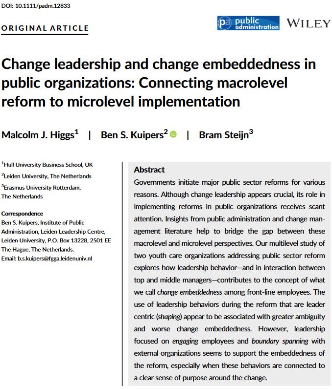Early View!🚨
"Change leadership and change embeddedness in public organizations: Connecting macrolevel reform to microlevel implementation" by @malcolmhiggs, <a href="/benskuipers/">Ben Kuipers</a>, &amp; @bram_steijn is live! <a href="/hubsonline/">Hull University Business School</a>, @leadershipLU, <a href="/fggaleiden/">UniLeiden FGGA</a>, @essb_eramus (1/n)
doi.org/10.1111/padm.1…