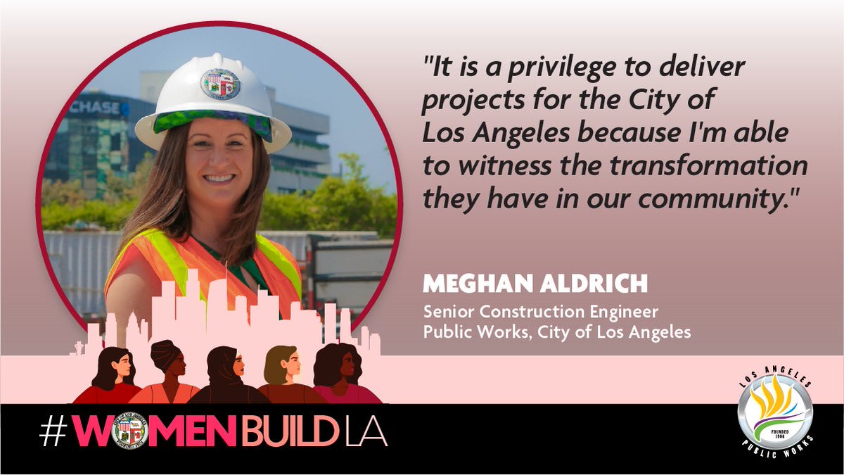 LACityDPW's tweet photo. In honor of #EngineersWeek, our #WomenBuildLA series spotlight is on Meghan. She leads a team of civil engineers who deliver $140 million for Bond Programs &amp; Municipal Facilities projects in @LACity. She also enjoys mentoring young #engineers. Read more: https://t.co/z9A5CJRpZL. https://t.co/mjP2wsezhC