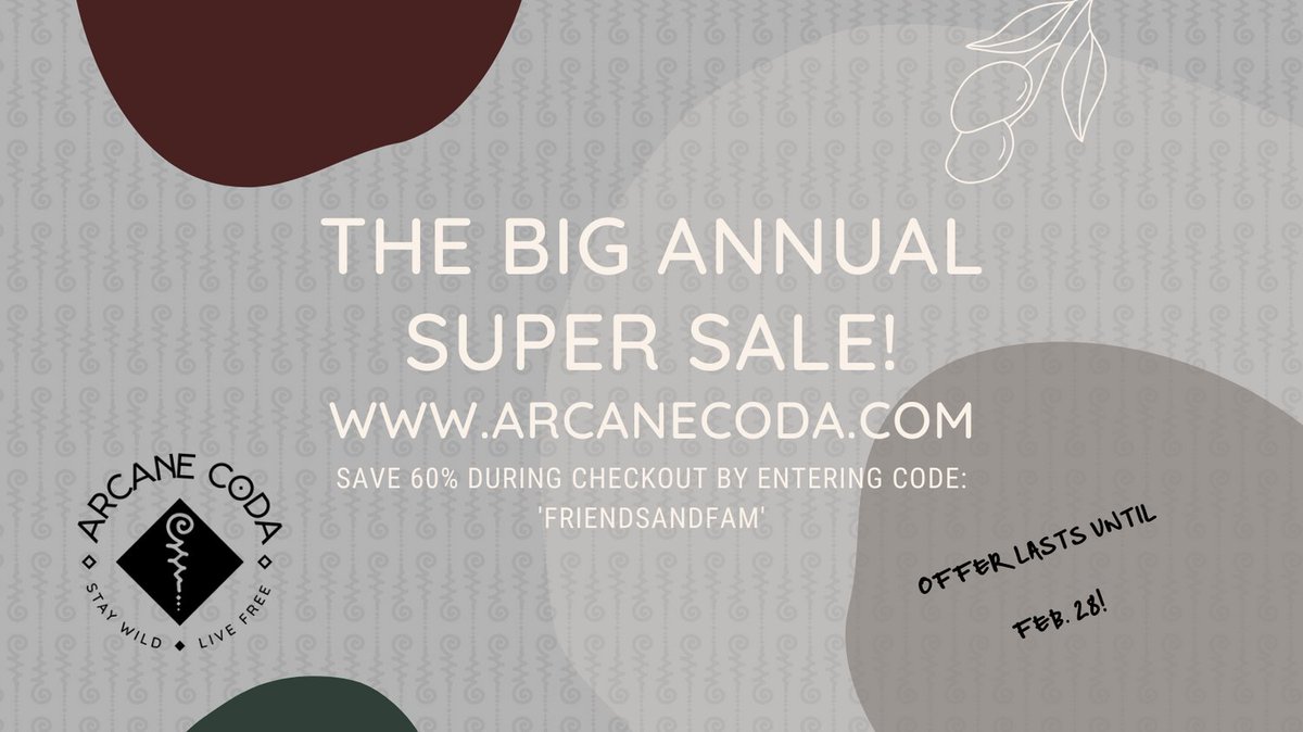 ArcaneCodaLine's tweet photo. Have you heard? 
We're clearing out some stock! 
Get 60% off the entire store by using code FRIENDSANDFAM during checkout. 
Don't miss out! https://t.co/H2ujURzHMb