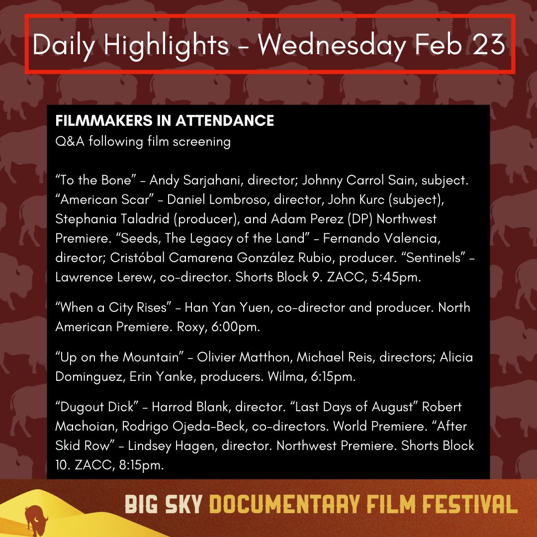 BigSkyDocFest's tweet photo. #bigskydocfest highlights of the day🦬✨
⠀⠀⠀⠀⠀⠀⠀⠀⠀
#bsdff #bsdff22 #missoula #montana #filmfestival #documentary https://t.co/CTeOD5Czuz
