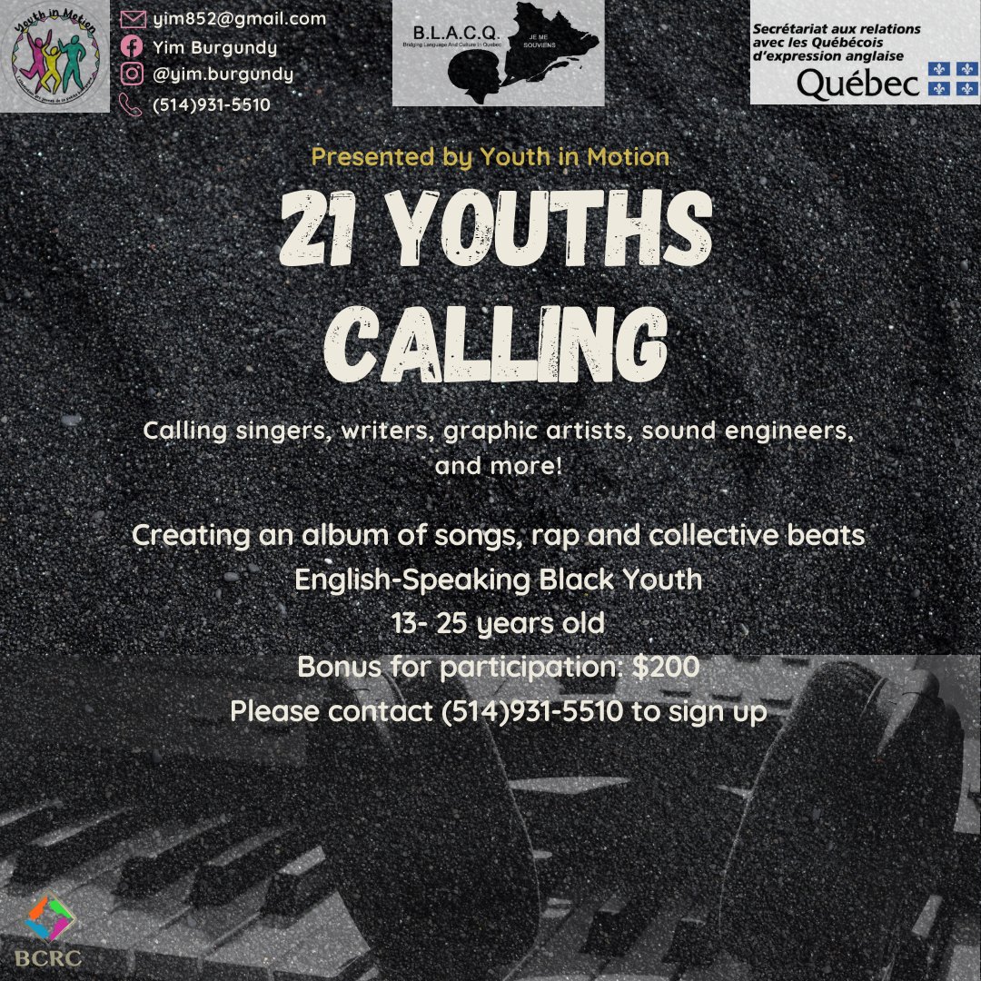 BCRC_MTL's tweet photo. Looking for English-speaking Black youth to join a team of creators to produce an album exploring the theme of Black representation in social and public spaces.
Email yim852@gmail.com for more information!
#blacqproject #BCRC #COMUnity #youthinmotion #blackartist #Montreal https://t.co/0hrZCUWCho