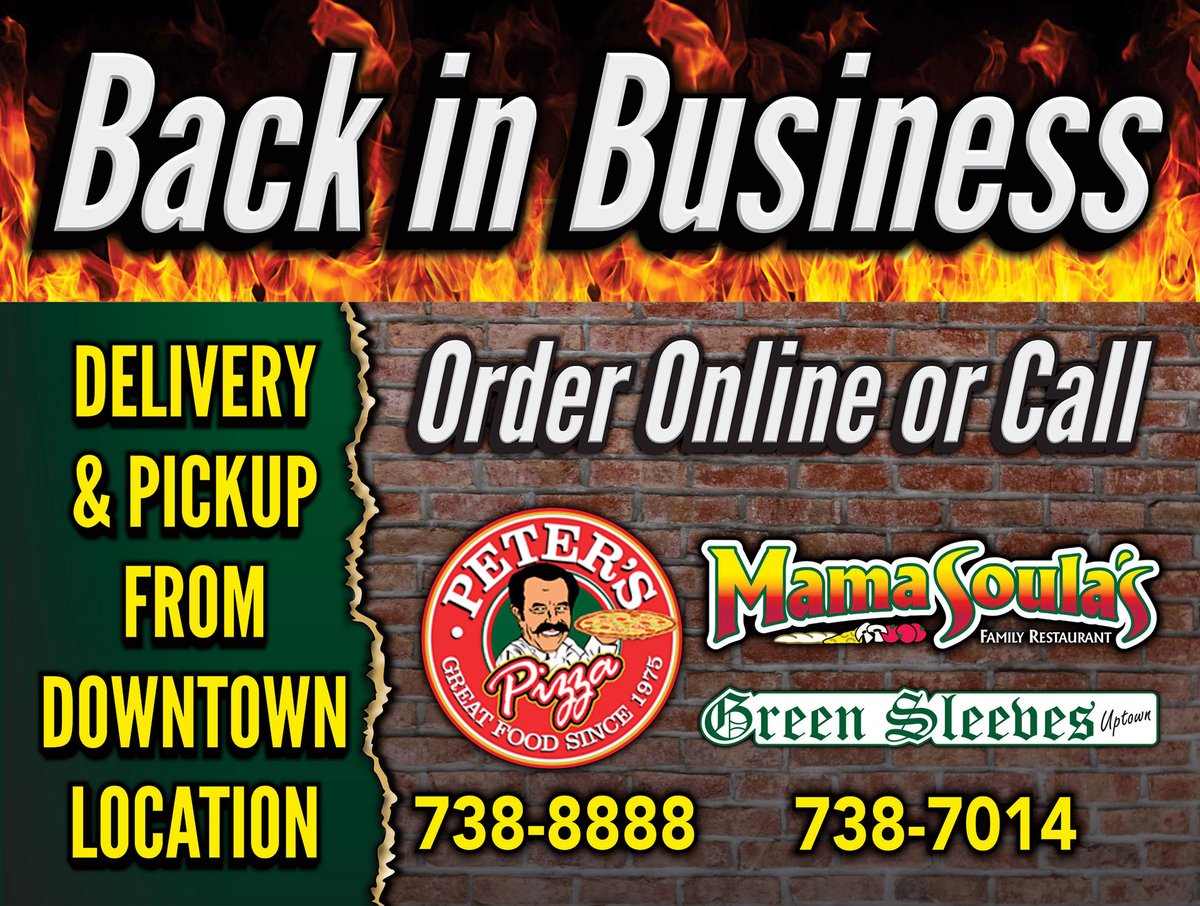 Get all your <a href="/MamaSoulas709/">Mama Soula's</a> &amp; <a href="/GSUptown/">Green Sleeves Uptown</a> faves delivered, or order takeout to pick up at our <a href="/greensleevespub/">Green Sleeves Pub</a> downtown location! (12 George St)

mamasoulas.com

And PETER'S PIZZA is taking orders again! Call 738-8888 and select the Torbay Rd location.