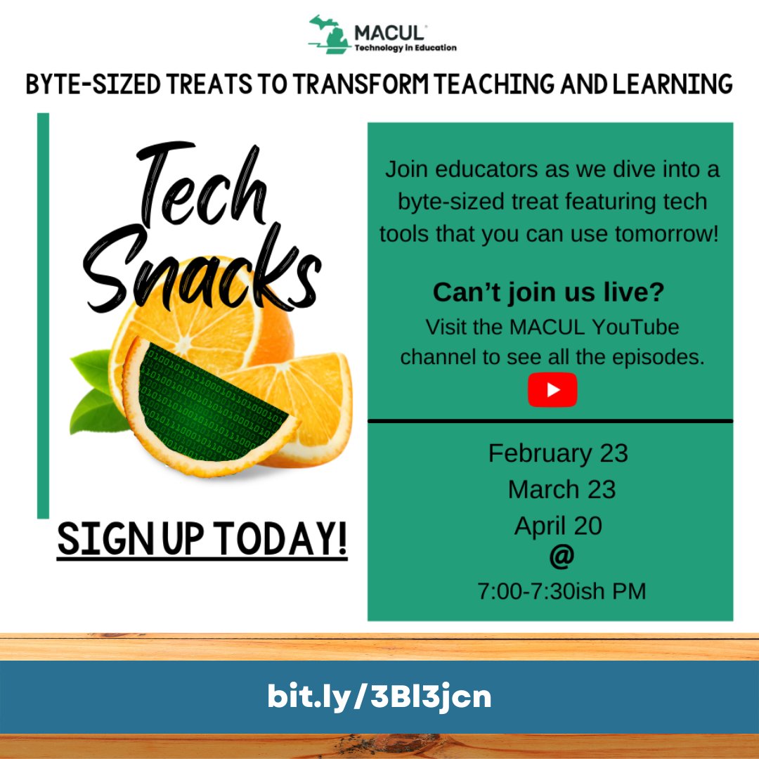 MACUL's tweet photo. 🚨 FREE LEARNING OPPORTUNITY STARTS TONIGHT! 🚨
Are you looking for some byte-sized treats to transform teaching and learning? Look no further with Tech Snacks! Register today! https://t.co/G8YdBouhhN #edtech #miched #techsnacks https://t.co/H1OWH9hhNl