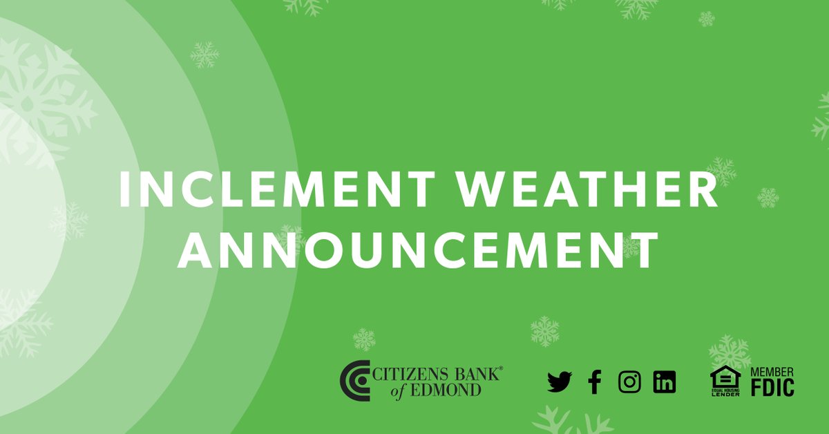 We are closing our lobby and drive-thru today, Feb. 23rd at 5pm. We will open tomorrow, Thursday, Feb. 24th at 9am.
Our ITMs and Customer Care Center will be available at 405.341.6650 during our usual operating hours. Access online/mobile banking at mycitizens.bank