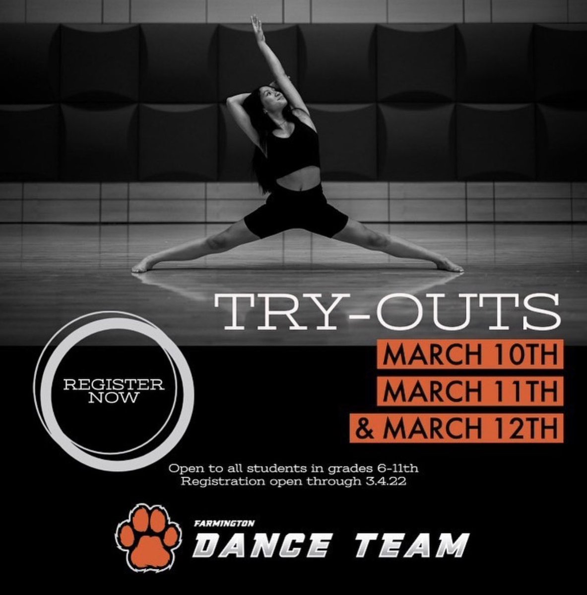 FarmingtonDT's tweet photo. FDT tryouts for season of 2022-2023 coming up soon on March 10th-12th!! REGISTER NOW‼️‼️ https://t.co/8WzMDE2q7b https://t.co/3Bw2SMxLXQ