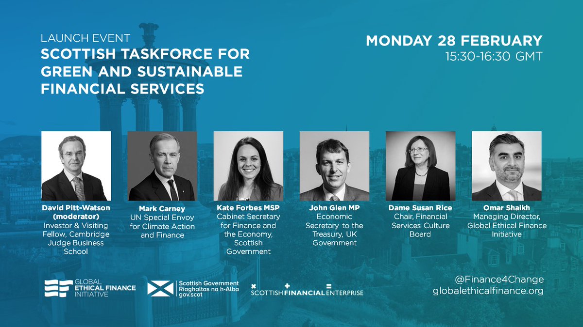 Finance4Change's tweet photo. Join us for the launch of the #ScottishTaskforce for Green &amp; Sustainable Financial Services!

The event features @MarkJCarney, @_KateForbes, @JohnGlenUK, David Pitt-Watson, Dame Susan Rice and Omar Shaikh on Mon 28 Feb from 15:30-16:30 GMT.

Sign up now: https://t.co/tJz61B5DHG. https://t.co/0E78ximgWG
