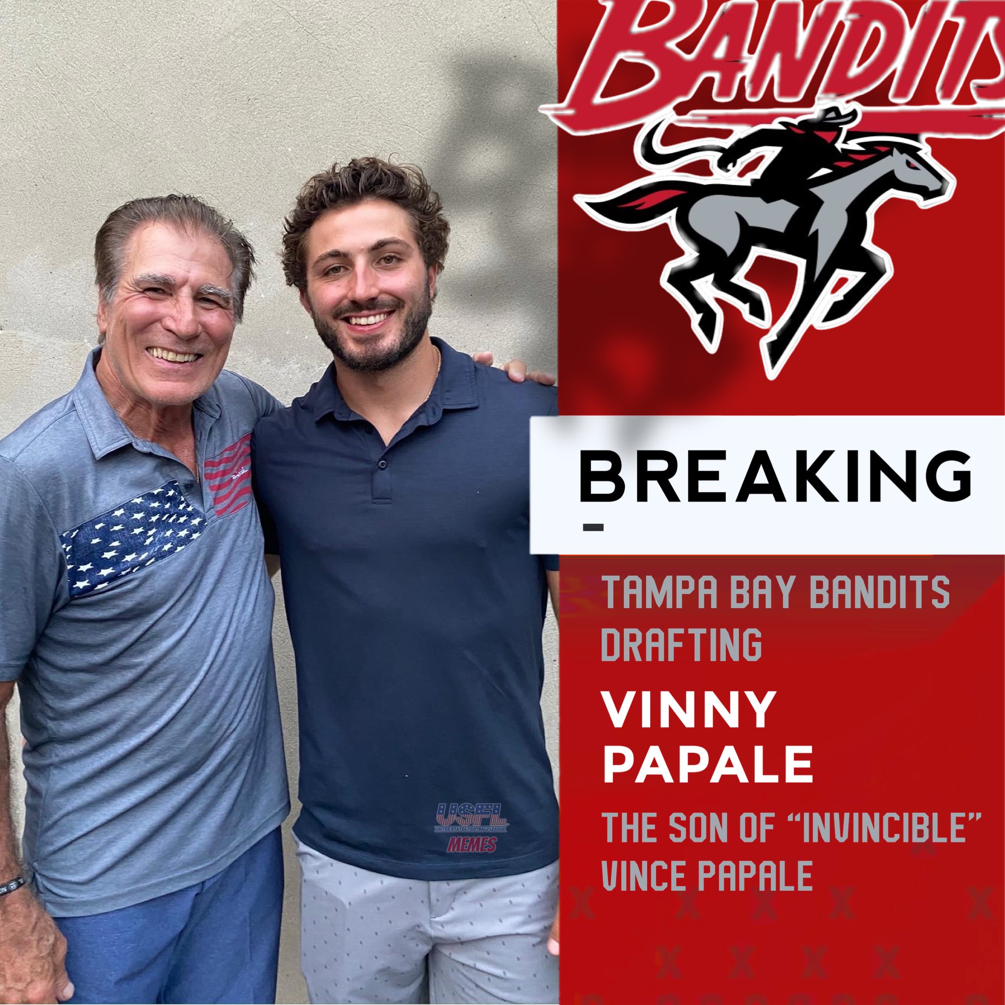 USFL Memes on X: Had to look it up, but the son of Vince Papale of  “Invincible” fame was drafted by the Tampa Bay Bandits this morning. Vinny  plays WR #NFL #USFL #