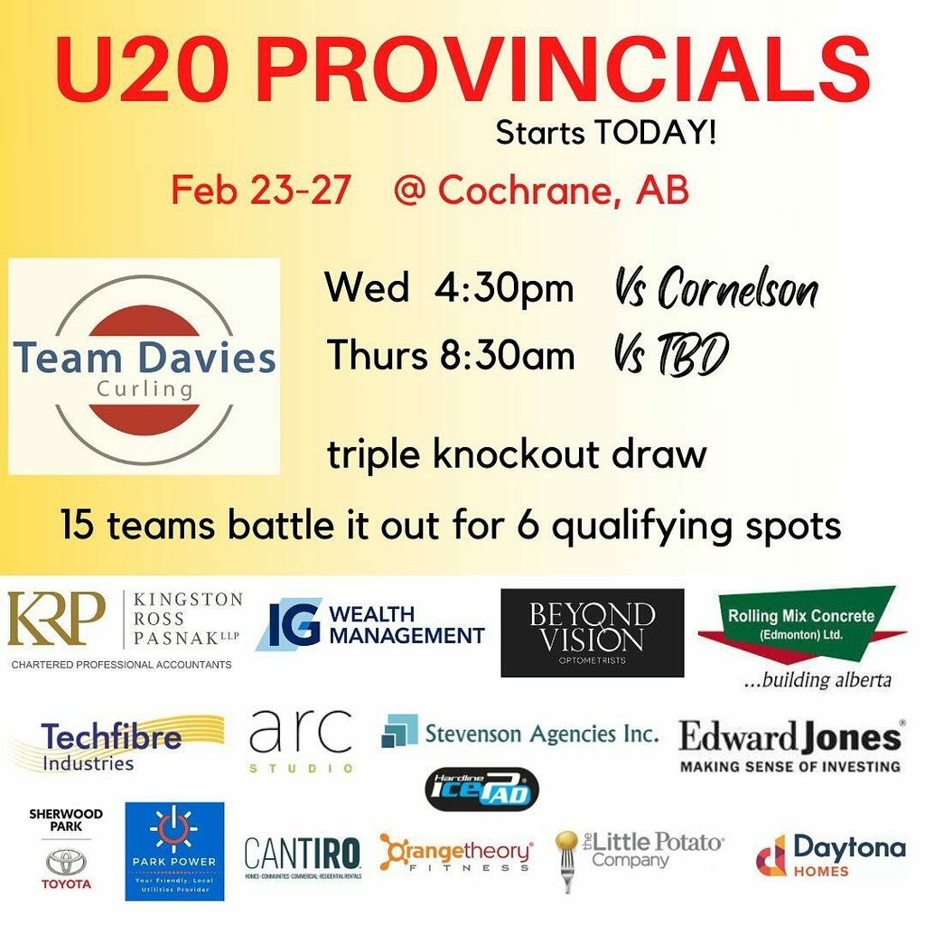 We are excited to compete in the U20 Provincials this week. Our first game is 4:30pm today vs our friends Team Cornelson. It’s a triple knockout format so check back frequently for game schedule updates. We will stream games on our Facebook page if wifi … instagr.am/p/CaU-1bbJBQn/
