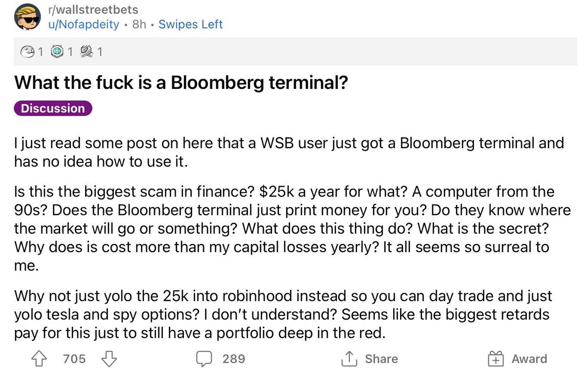 RT @ParikPatelCFA: Crying at this WallStreetBets thread about the Bloomberg Terminal https://t.co/y5gfGXVckV