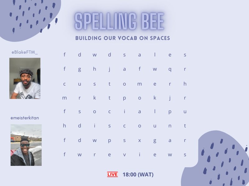 blakeFTM_'s tweet photo. With all the spree spree grammar I have been listening to people speak on spaces, hereβs one refreshing, fun and educative space for you to join in.
Please RT for awareness
cc @meisterkitan @24_Kins @tammywiz #bestinenglish https://t.co/mj5BUCQ2he