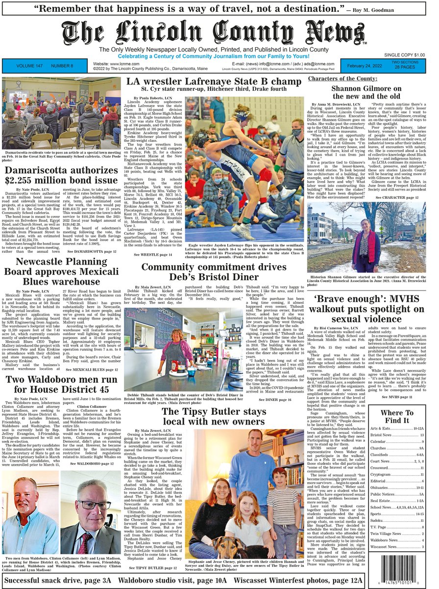 lcnme's tweet photo. The front page of the February 24 edition of #TheLincolnCountyNews. Read these stories &amp; more at https://t.co/7P6gdOCdQH https://t.co/pguI3QlvNa