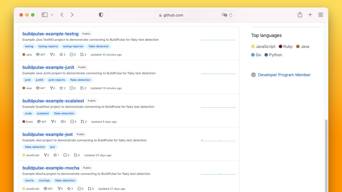 Growing <a href="/BuildPulseApp/">BuildPulse</a>'s collection of example repos for identifying flaky tests in popular testing frameworks.

For JDK devs ☕, the collection now includes JUnit, ScalaTest, and TestNG: github.com/buildpulse?q=b…

/cc <a href="/junitteam/">JUnit Team 💙💛</a> @ScalaTest