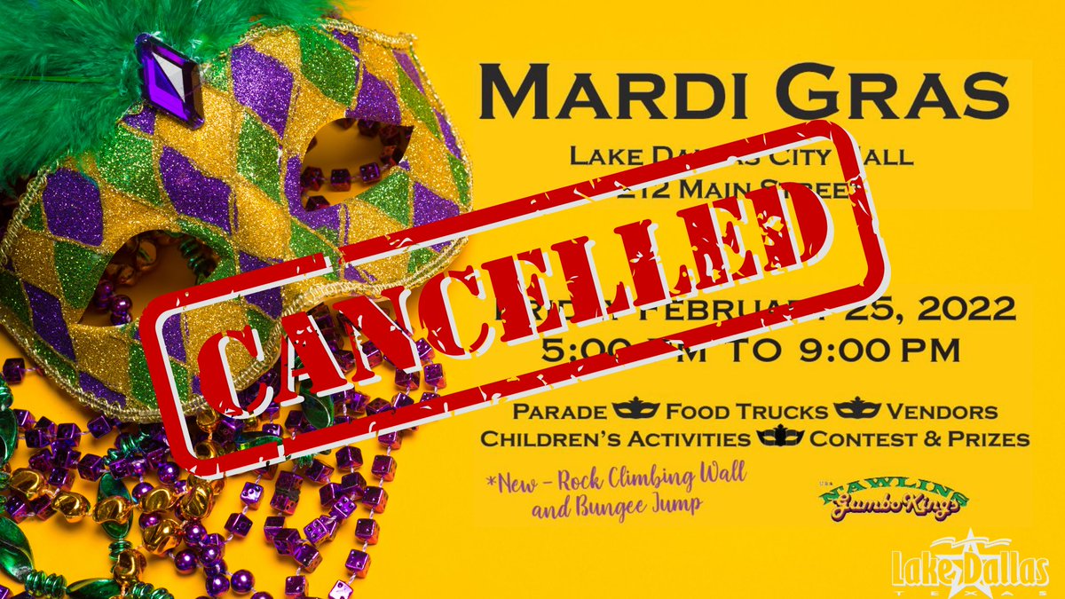 CityLakeDallas's tweet photo. Due to weather conditions, we've made the tough decision to cancel this Friday's Mardi Gras event. Mask contest winners will be announced soon, so be on the lookout! We'll reach out directly to vendors/parade entrants with details. Thank you for your support and understanding. https://t.co/9esTGmxm60