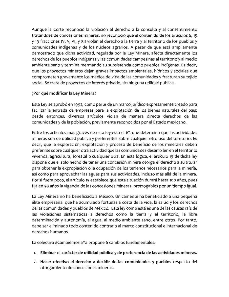 FundarMexico's tweet photo. La @SCJN desperdició la oportunidad de reconocer que la #LeyMinera es inconstitucional e inconvencional en el caso #Tecoltemi. Toca ahora a las y los legisladores tomar esta responsabilidad y modificar el marco legal que regula la minería.
Aquí el comunicado de #CambiémoslaYa 👇 https://t.co/5SKtx84vKT