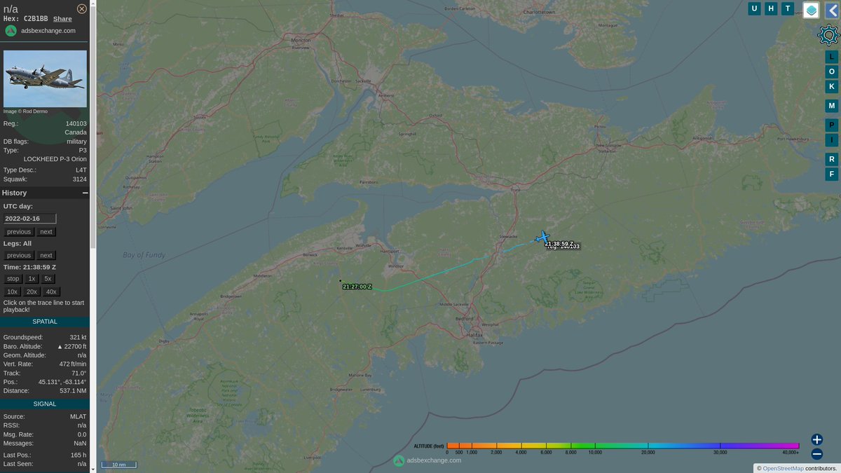 steffanwatkins's tweet photo. 🇨🇦 #RCAF CP-140 Aurora 140103 departed #14WingGreenwood 2022-02-16 ~21:15Z to participate in #ExDynamicManta 2022.
Their Mode-S transponder was picked up again over France 2022-02-17 ~04:00Z, heading toward Italy.
👉 https://t.co/Ifl4enHgEA
#C2B1BB https://t.co/aGIXyvtR4L
