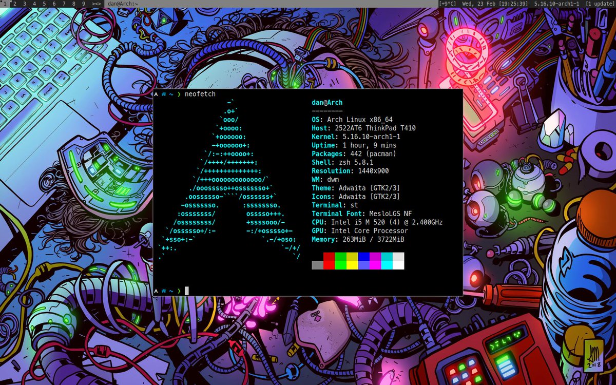 DanMeier86's tweet photo. New colorsheme for #dwm with dynamic #dwmblocks on an old Thinkpad T410 - running #ArchLinux https://t.co/dV4dBY4lKA