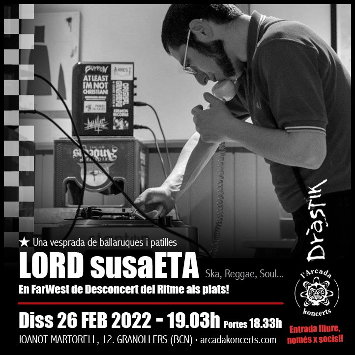 Aquest dissabte 26/2, la millor sel·lecció de música ska, reggae i soul de la mà del gran Jordi FartWest aka Lord susaETA de Desconcert del Ritme. Una vesprada al #Dràstik de Granollers amb ballaruques i patilles. Gasssss <a href="/fartwestmanagem/">Jordi</a> #ska